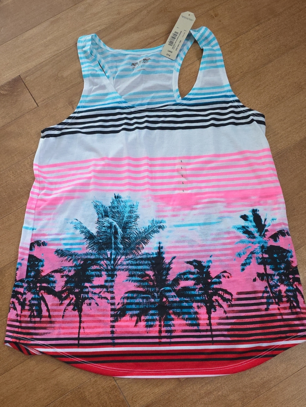 NWT Arizona Jeans Co. Striped Palm-Print Racerback Tank Top - Pink & Aqua Large